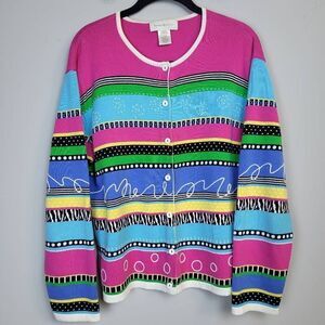 Susan Bristol Womens Large Button Front Cardigan Sweater Colorful Embroidered